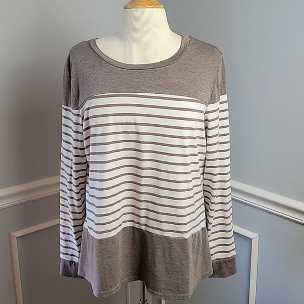 HOUNT Taupe White Striped Color‎ Block Scoop Neck Long Sleeve Casual T-Shirt L